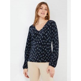 Floral Print Plisse V-Neck Top