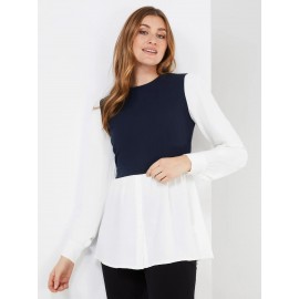 2-Fer Ribbed Top With Button-Front Blouse