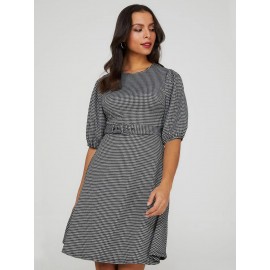 Printed Metallic Fit & Flare Belted Dress