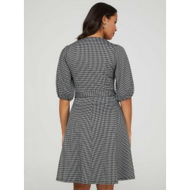 Printed Metallic Fit & Flare Belted Dress
