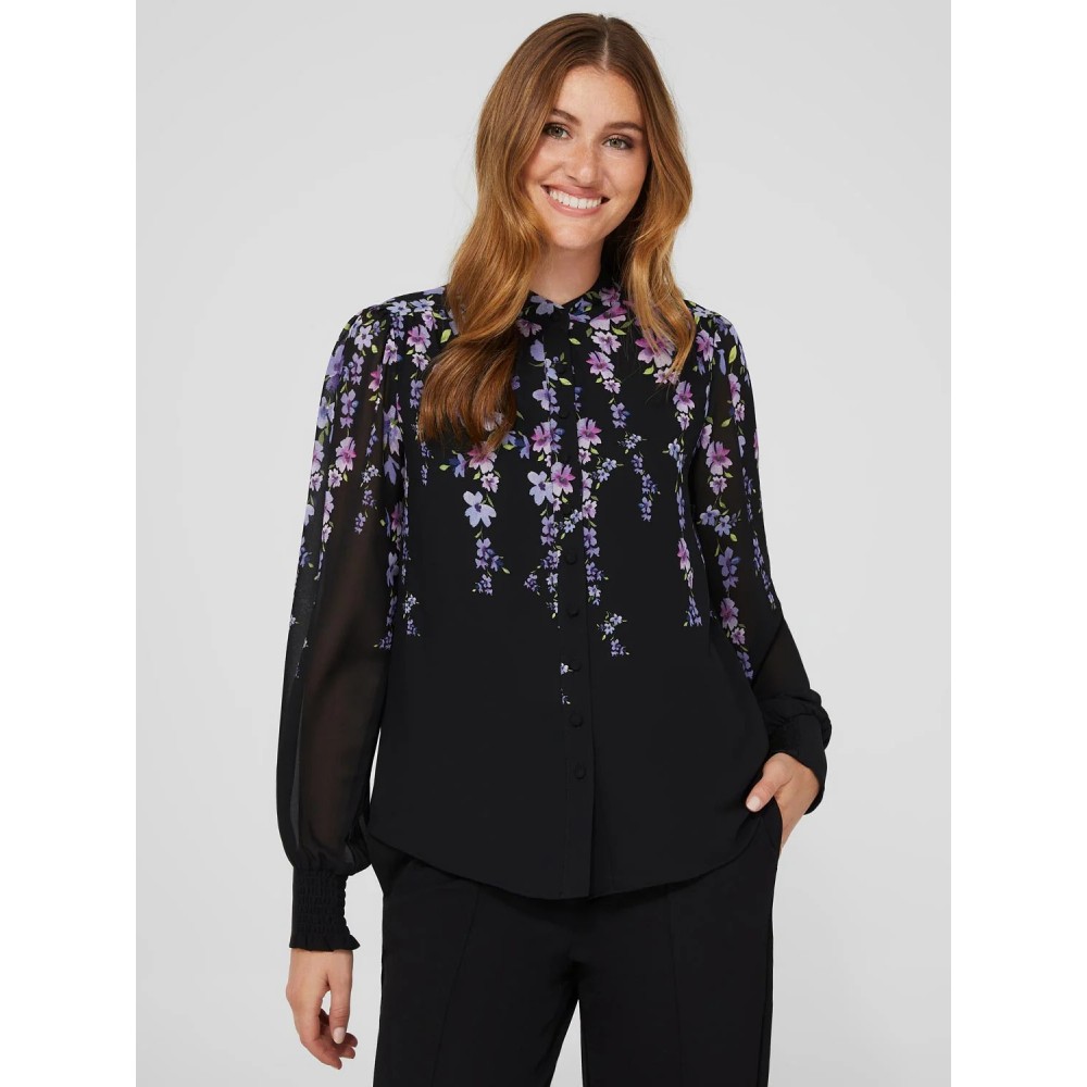 Floral Print Chiffon Button-Front Flowy Blouse