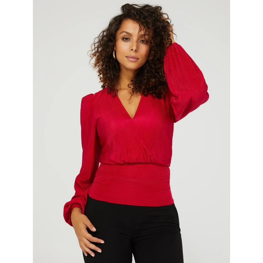 V-Neck Plisse Long Sleeve Top With Bottom Band