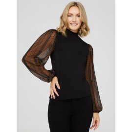 Crepe Mock Neck Top With Long Printed Balloon Sleeves