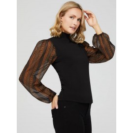 Crepe Mock Neck Top With Long Printed Balloon Sleeves