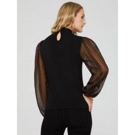 Crepe Mock Neck Top With Long Printed Balloon Sleeves