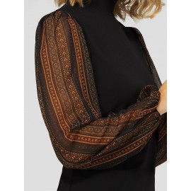 Crepe Mock Neck Top With Long Printed Balloon Sleeves