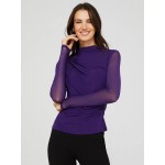 Mock Neck Ruched Jersey Top With Mesh Long Sleeves