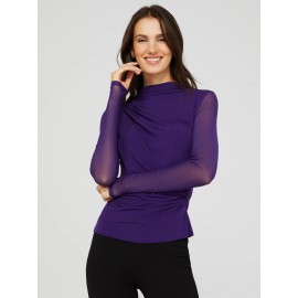 Mock Neck Ruched Jersey Top With Mesh Long Sleeves
