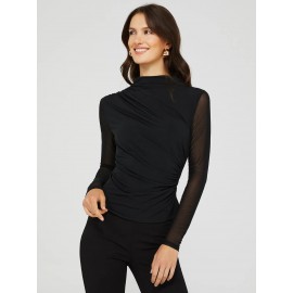 Mock Neck Ruched Jersey Top With Mesh Long Sleeves