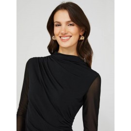 Mock Neck Ruched Jersey Top With Mesh Long Sleeves
