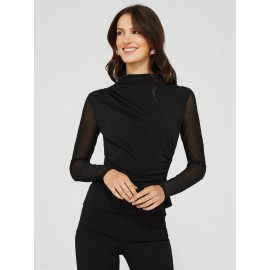 Mock Neck Ruched Jersey Top With Mesh Long Sleeves