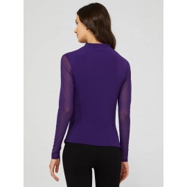 Mock Neck Ruched Jersey Top With Mesh Long Sleeves