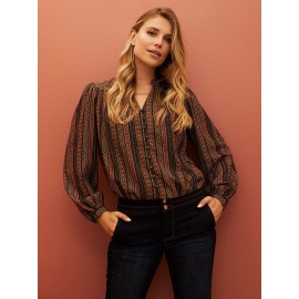 Ribbon Print Button-Front Blouse