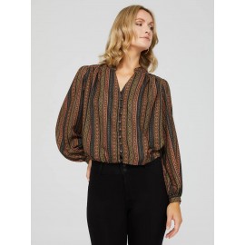 Ribbon Print Button-Front Blouse