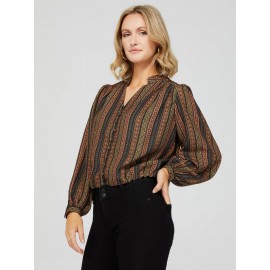 Ribbon Print Button-Front Blouse
