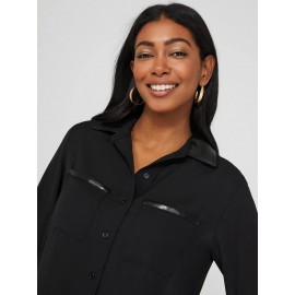 Chiffon Button-Front Blouse With Faux Leather Details