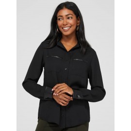 Chiffon Button-Front Blouse With Faux Leather Details