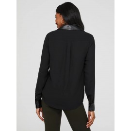 Chiffon Button-Front Blouse With Faux Leather Details