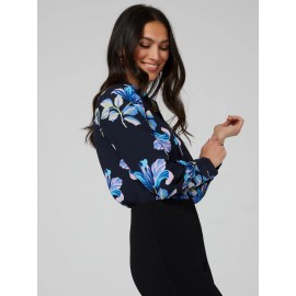 Floral Print Chiffon Split Neck Button-Front Blouse