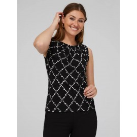 Printed Sleeveless Top With Pleated Front Neckline
