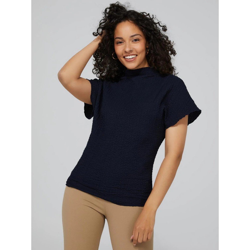 Textured Funnel Neck Short Sleeve Top