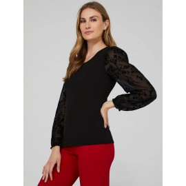 Round Neck Top With Sheer Chiffon Long Sleeves