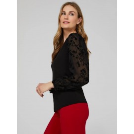 Round Neck Top With Sheer Chiffon Long Sleeves