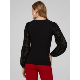 Round Neck Top With Sheer Chiffon Long Sleeves