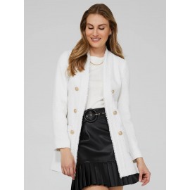 Long Open Boucle Blazer With Fringe Lapels