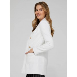 Long Open Boucle Blazer With Fringe Lapels