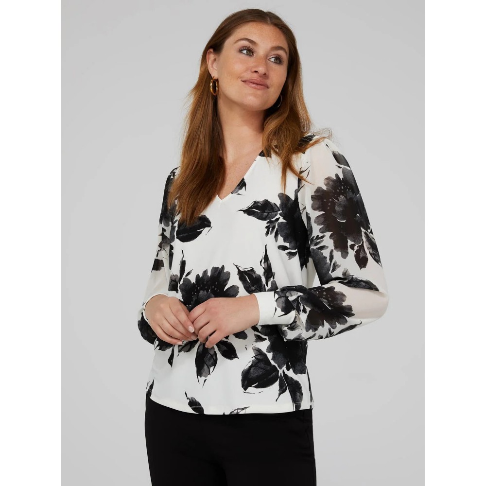 Printed V-Neck Top With Sheer Crepe Chiffon Long Sleeves