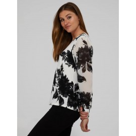 Printed V-Neck Top With Sheer Crepe Chiffon Long Sleeves