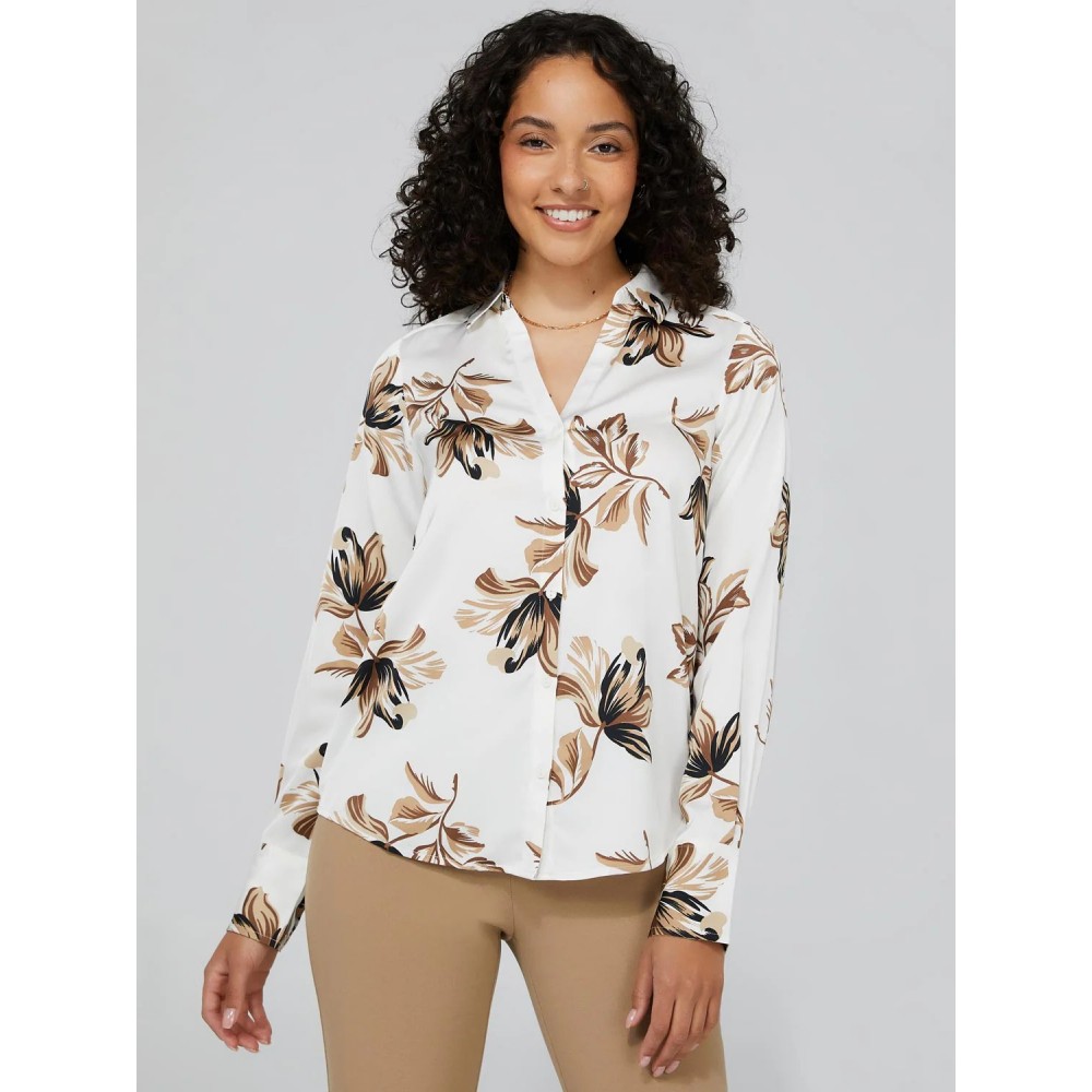 Floral Print Satin Split Neck Button-Front Blouse
