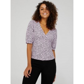 Printed V-Neck Button-Front Top With Puff Sleeves