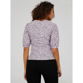 Printed V-Neck Button-Front Top With Puff Sleeves