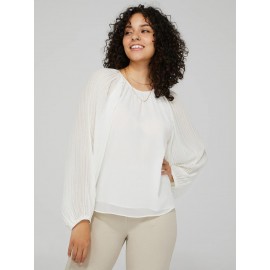 Plisse Chiffon Top With Pleated Balloon Sleeves