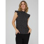Printed Ruffle Cap Sleeve Mock Neck Top