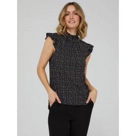 Printed Ruffle Cap Sleeve Mock Neck Top
