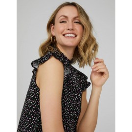 Printed Ruffle Cap Sleeve Mock Neck Top