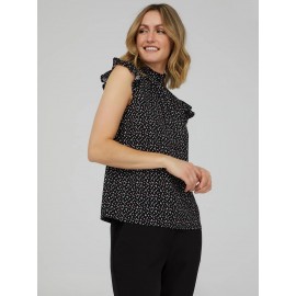 Printed Ruffle Cap Sleeve Mock Neck Top