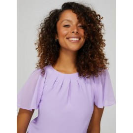 Pleated Crew Neck Top With Chiffon Flutter Sleeves