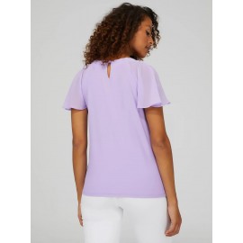 Pleated Crew Neck Top With Chiffon Flutter Sleeves