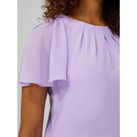 Pleated Crew Neck Top With Chiffon Flutter Sleeves