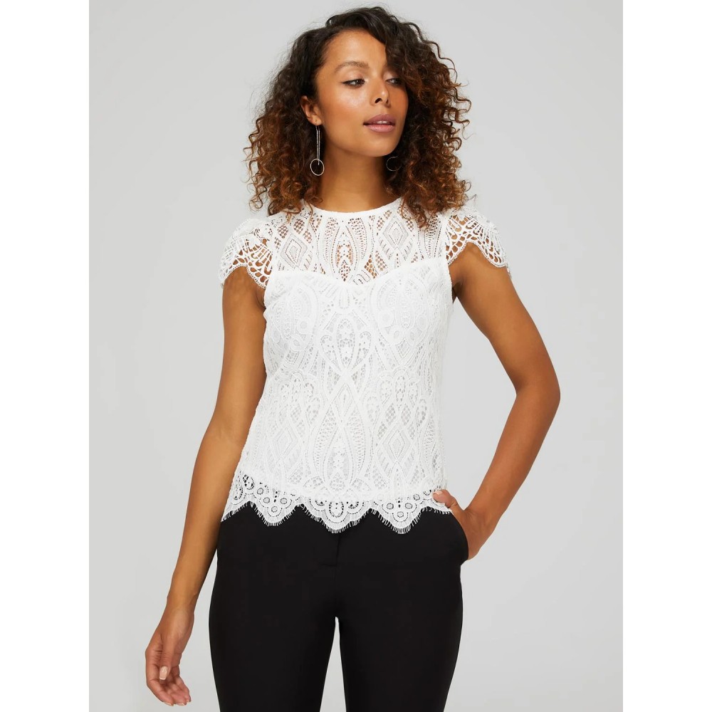 Lace Crew Neck Top With Scalloped Cap Sleeves