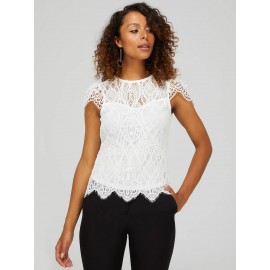 Lace Crew Neck Top With Scalloped Cap Sleeves