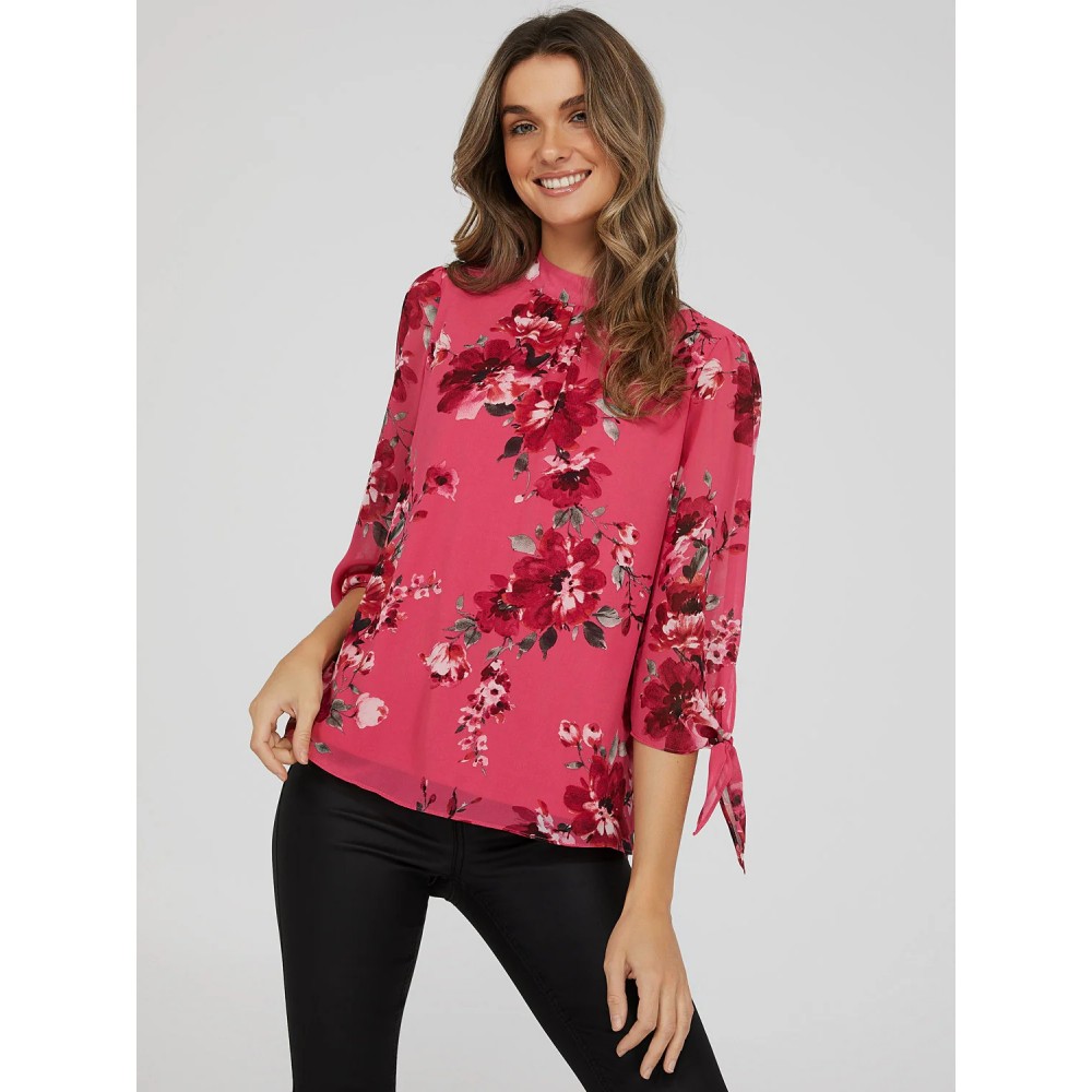 Printed Chiffon Mock Neck Blouse