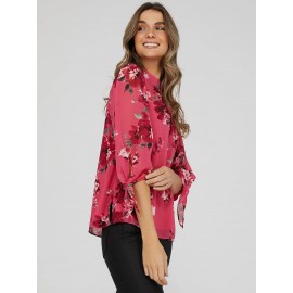 Printed Chiffon Mock Neck Blouse