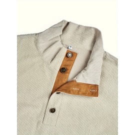 Corduroy Men's Casual Retro Stand Collar Thick Long Sleeve Henry Shirt, Spring Fall Top