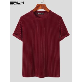 Men Casual T Shirt Velour Round Neck Short Sleeve Folds Men Clothing Streetwear